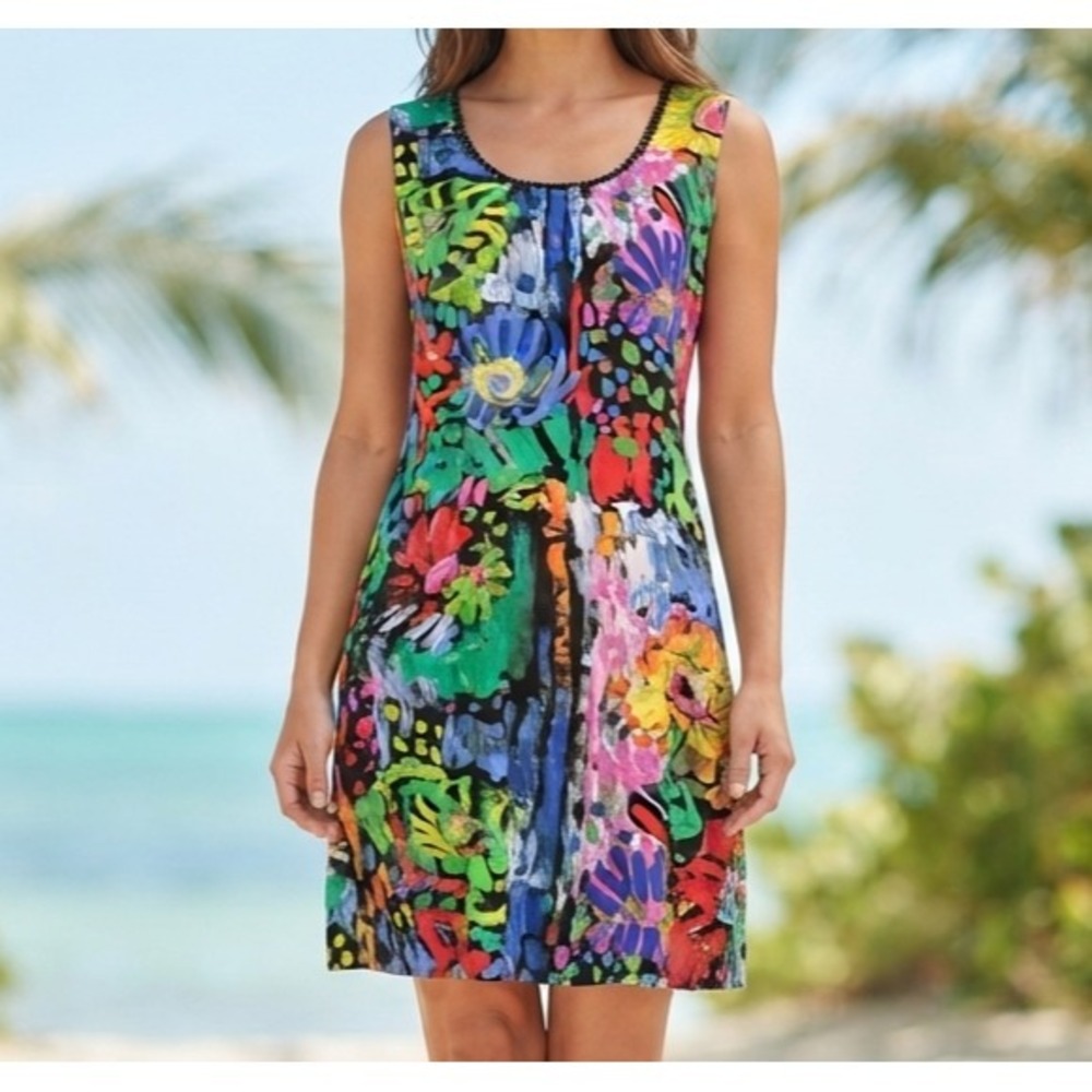 JAMS WORLD Mini Sheath Dress Sz 9 Sequin Neck Sleeveless Abstract Floral BOLD